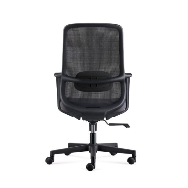 Silla ejecutiva, operativa Rumba, respaldo de malla negra, asiento tapizado, brazos fijos, apoyo lumbar