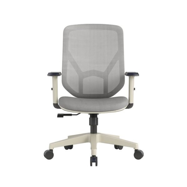 Silla Oxford operativa, ejecutiva, respaldo de malla gris, asiento tapizado gris, estructura blanca, brazos regulables