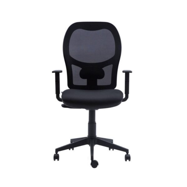 Silla ejecutiva de resplado alto, malla negra, asiento tapizado, brazos regulables