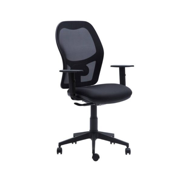 Silla ejecutiva de resplado alto, malla negra, asiento tapizado, brazos regulables