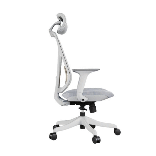 Silla Yaris, profesional, asiento, resplado y cabecero de malla color gris. Apoyo lumbar regulable de color verde. Estructura gris. Cabecro de malla gris.