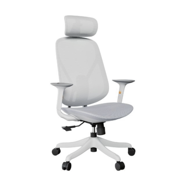 Silla Yaris, profesional, asiento, resplado y cabecero de malla color gris. Apoyo lumbar regulable de color verde. Estructura gris. Cabecro de malla gris.